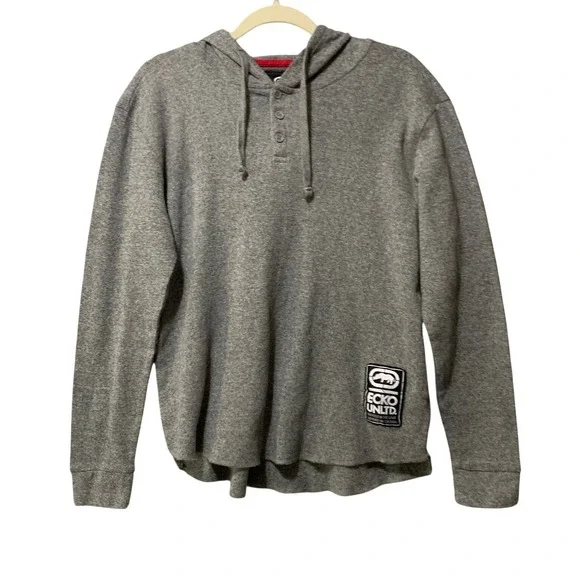 Ecko Unltd Hoodie Mens Gray Large Cotton Blend Pullover Thermal Button Logo - Picture 1 of 12